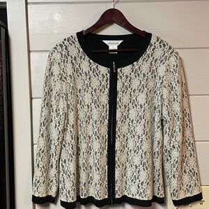 Exclusively Misook Black Cream Lace Zip Sweater Jacket Size L.